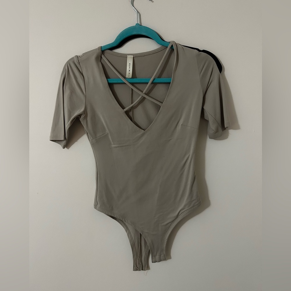 Women's Taupe Cross‑Strap V‑Neck Bodysuit